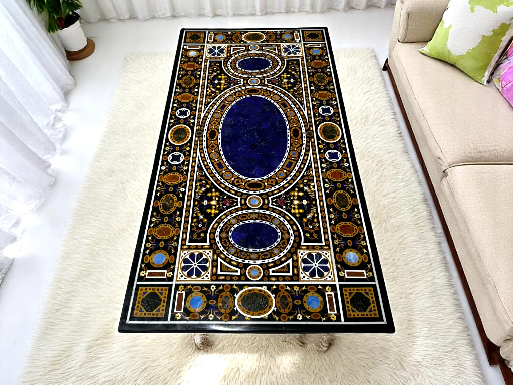 Black Marble Dining Table for Dining Room - Pietradura Mughal Era Inspired Modern Art